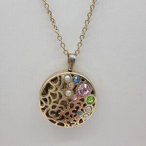 Beautiful Vintage Gold Tone Necklace Multicolored Glass Rhinestone Pendant‎